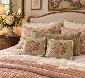 Pair 2 Vintage Needlepoint Floral Throw Pillows Rose Cottage Grandmillennial 14” x 11”