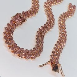 Stainless Steel Pink Rose Gold Cuban Necklace And Bracelet 