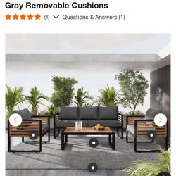 4-Piece Patio Metal and Wood Frame Outdoor Garden Sofa Set