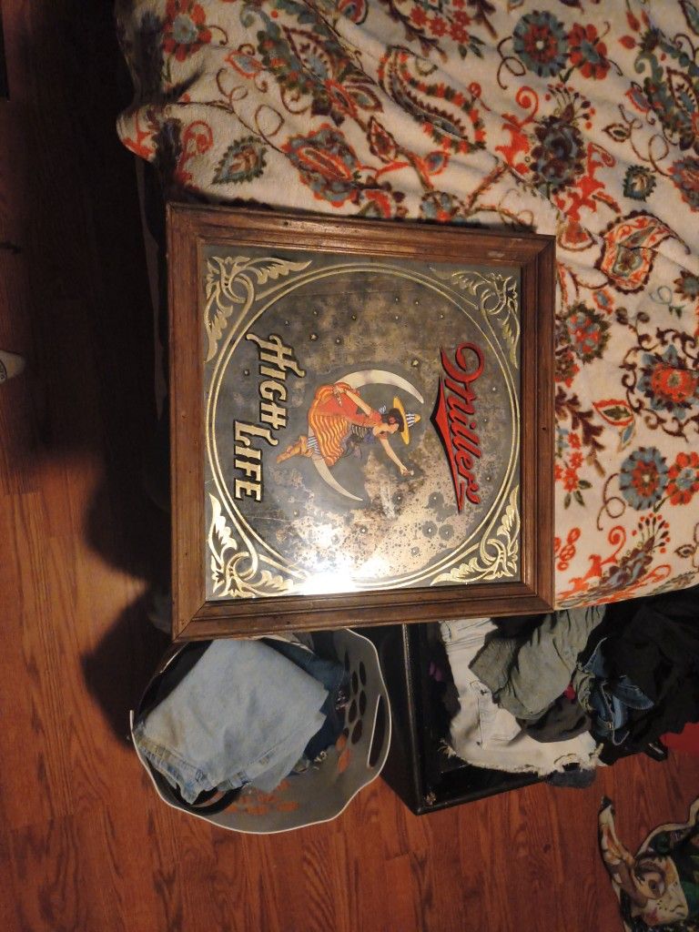 Miller High Life Framed 14" X 14" Mirror Sign Girl On The Moon Stars