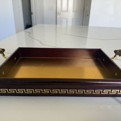 Vintage Ornate Wooden Serving Tray with Gold Floral Handles 🌸