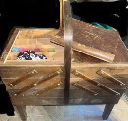 Vintage Wooden Sewing/Craft Box with Expanding Trays