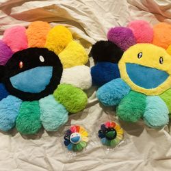 Takashi Murakami Rainbow Flower Bundle Set! 2 brand new rainbow 🌈 flower plush pillows. And 2 brand new with tags KaiKai Kiki co flower keychain pins