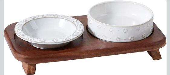 Cat Food Bowl, 6.1" Raised Cat Bowls with Acacia Wood Stand, Elevated Cat Dishes Ceramic Pet Food & Water Bowl Set, Extra Wide Whisker Friendly Elegan