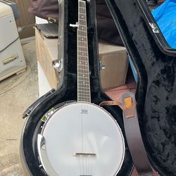 Banjo with case and strap