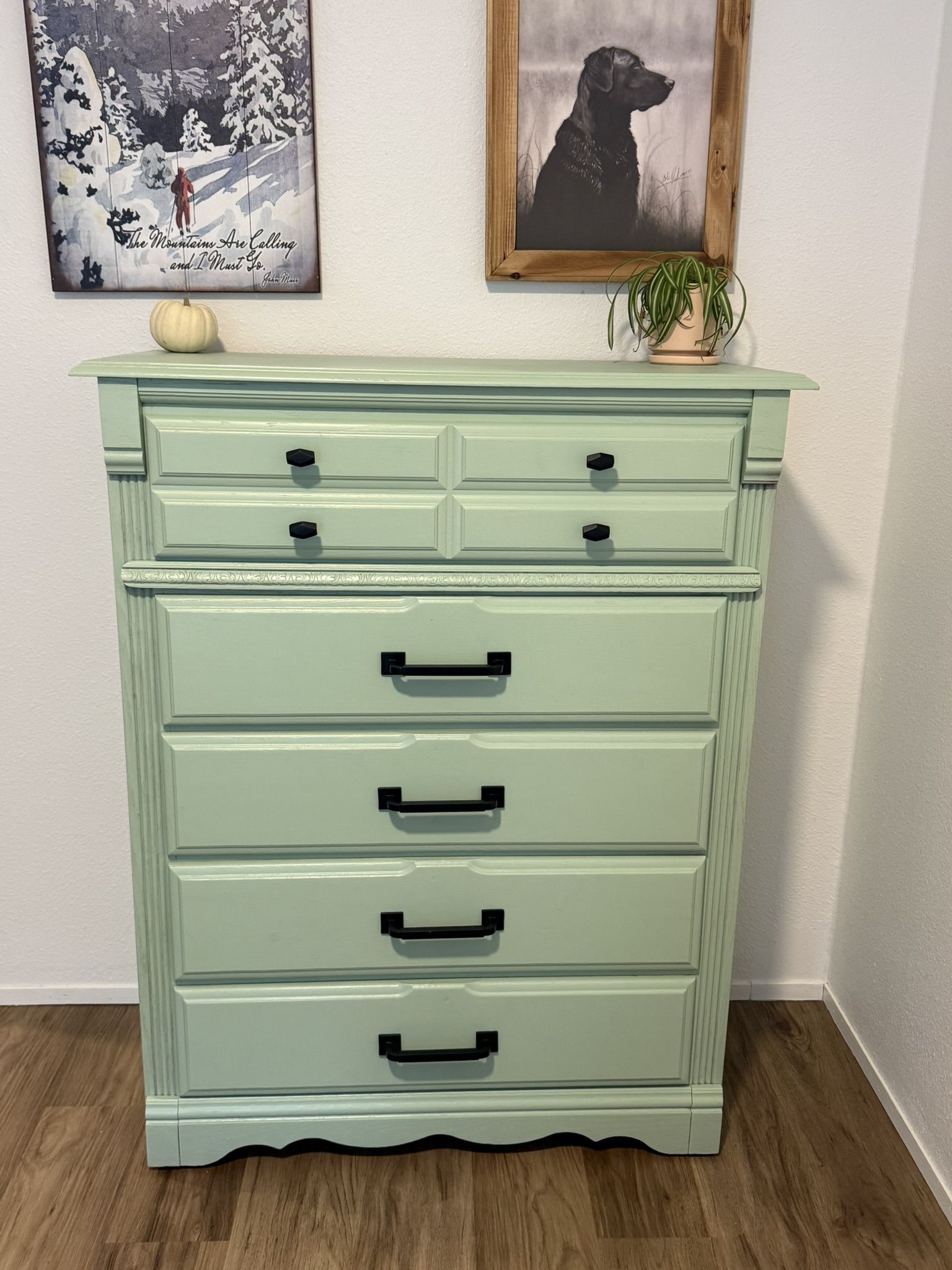 Vintage Oak Dresser Sea Foam Green - 5 Drawers