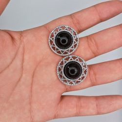 Vintage 1979 Sarah Coventry Black Stone Cabochon faux onyx clip on earrings 70s Collector's Item