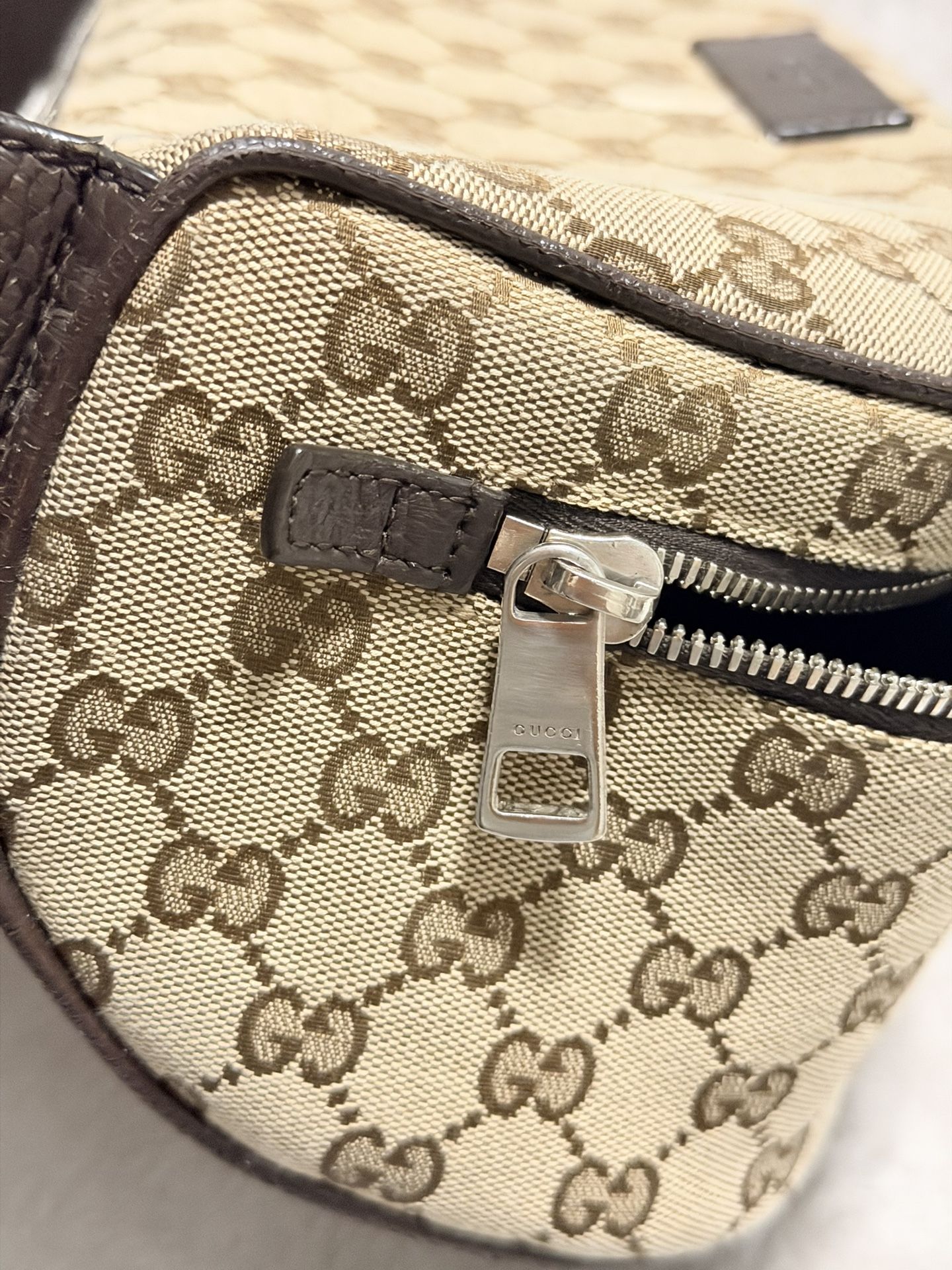 GUCCI Monogram Dollar Calfskin Waist Pouch Beige Ebony Testa di Moro Marrone Scuro