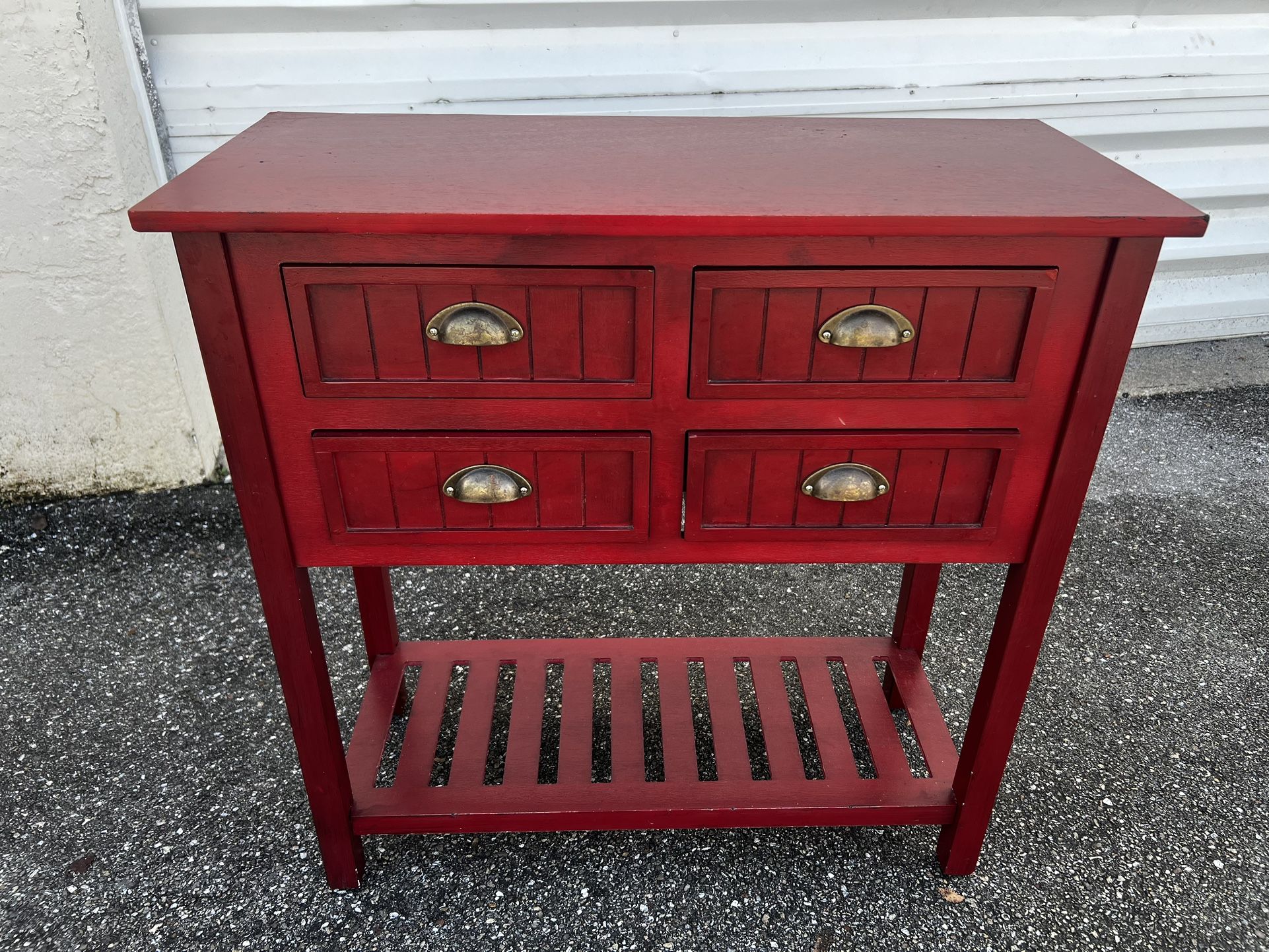 Rustic Red 4 Drawer Side Storage Cabinet Table! Good condition! 32x14x32in