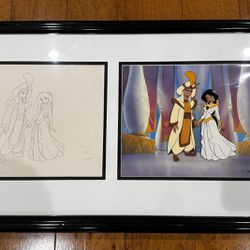 DISNEY’S ALADDIN TV SERIES PRINCESS JASMINE ORIGINAL ANIMATION ART CEL & DRAWING with COA In excellent condition  Frame measures 17” H x 32.5” L  