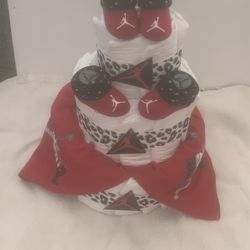 New 3 Tier Jordan Diaper Cake 30 Diapers, 2  Shoe Socks And 2 Baby Bibs