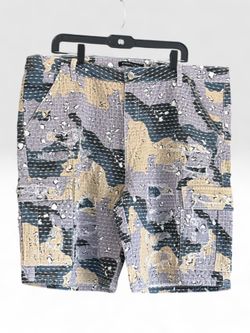 Embellish Men's Denim Cargo Shorts Blue Camo Flat Front Button Pockets