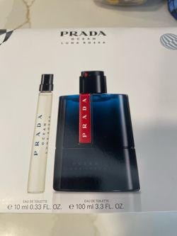 Prada Luna Rossa Ocean Eau de Toilette gift set for men, featuring a 100ml spray bottle and a 10ml travel spray.