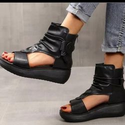 Black Leather Peep Toe Shoe Booties 