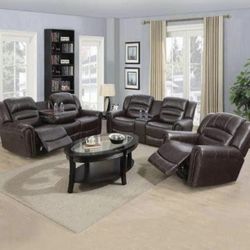 COSTCO Brown Leather Fully Reclining Three Piece Couch Set 