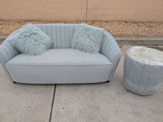 Light Blue Channel-Tufted Loveseat with Accent Chair