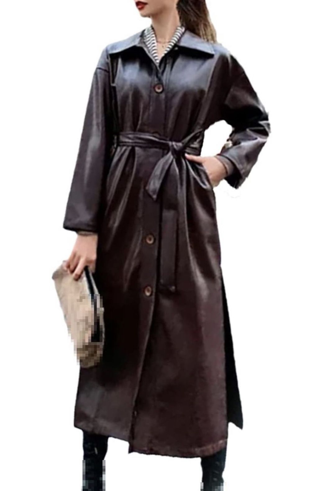 Autumn Long Leather Trench Coat for Women Long Sleeve Belt Buttons Faux Leather Raincoat