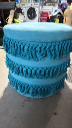 Teal Round Ottoman with Fringe Detail