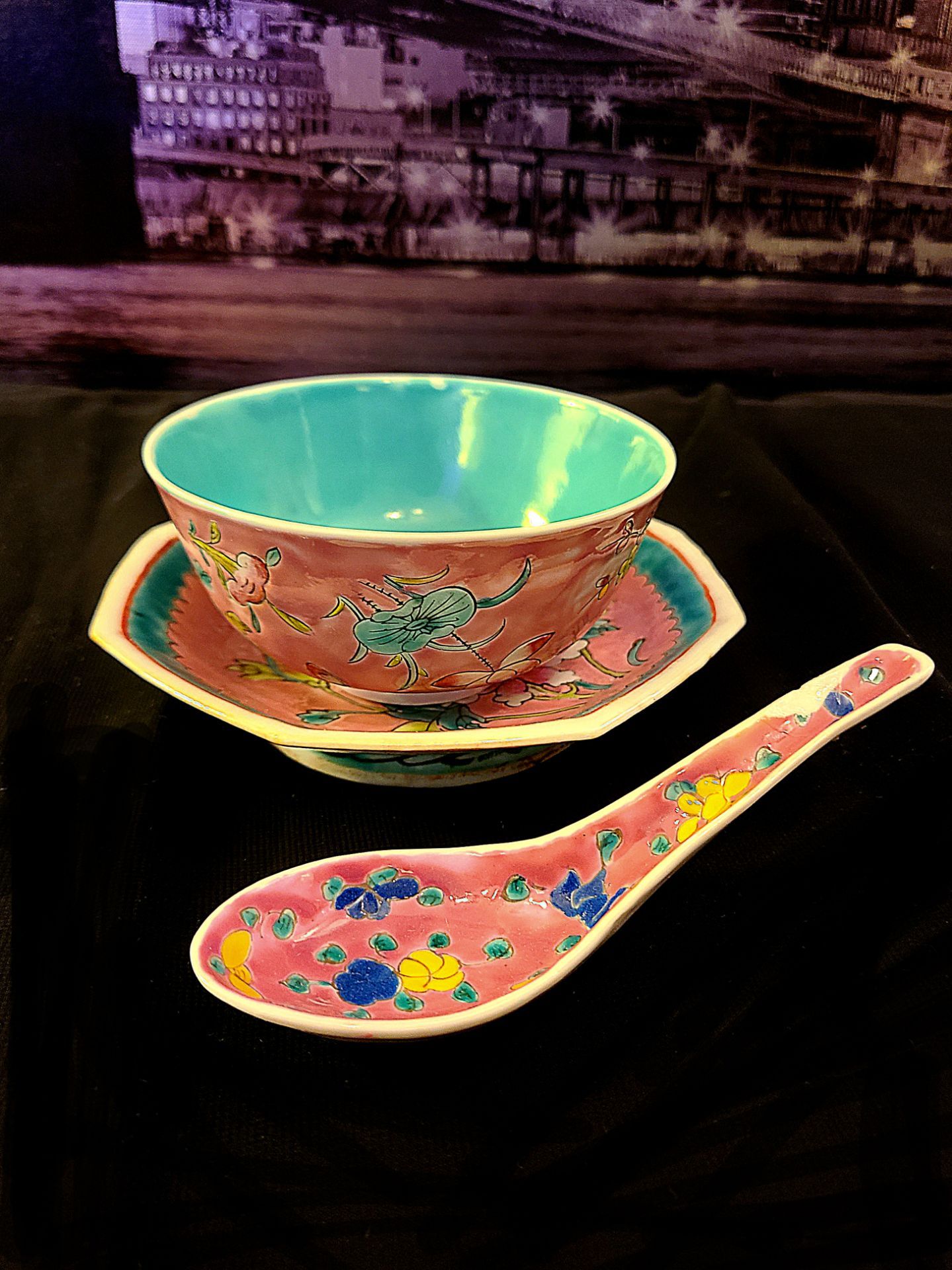 Antique Vintage Chinese Porcelain Rice Bowl Saucer and Spoon Set