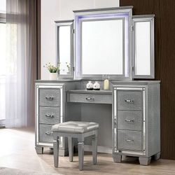 Silver Finish Tri-Fold LED Mirror Vanity Cabinet Set
