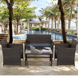 4 Pc Patio Furniture Set Brown Color With Cushions In A Box, Sealed