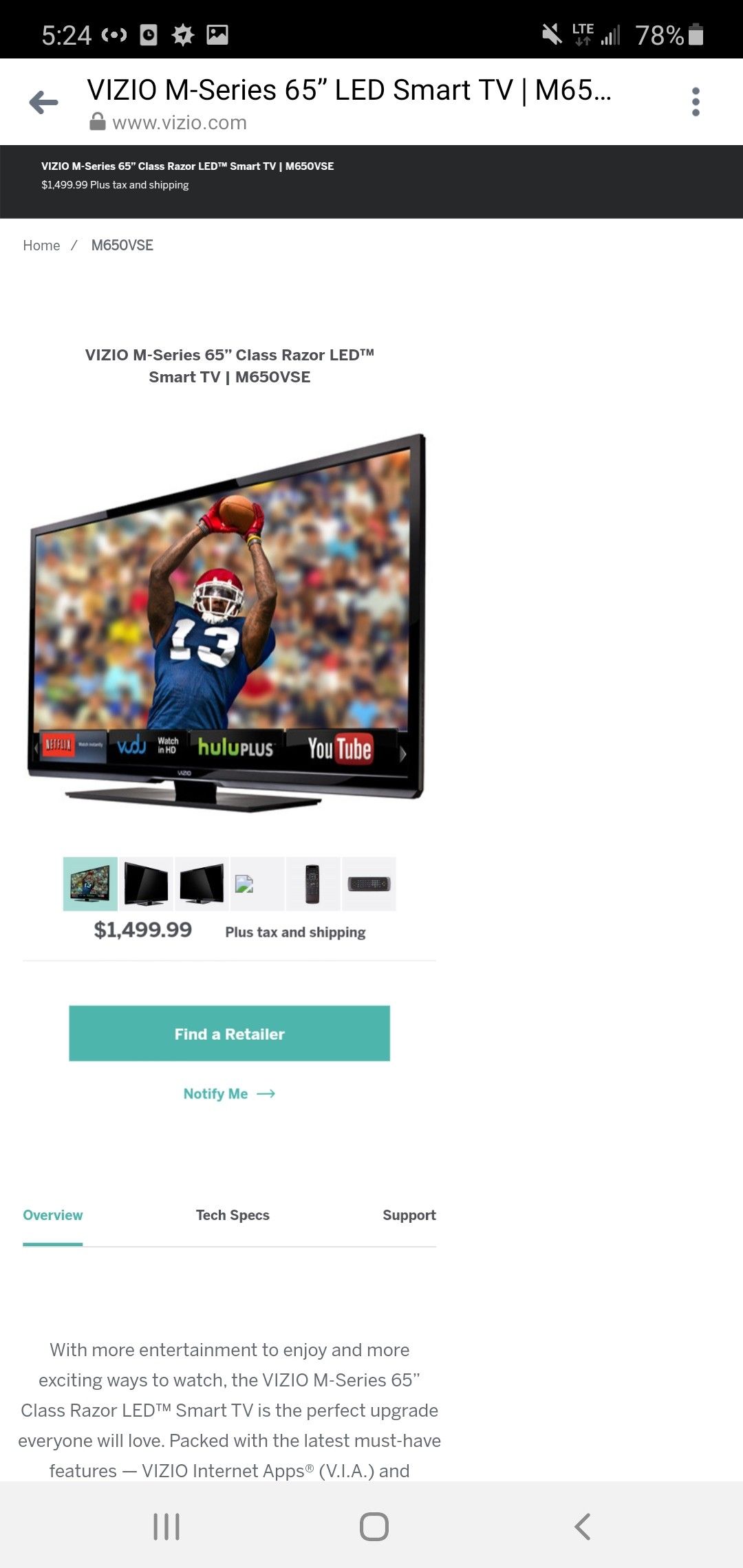 Vizio Mseries 65" Class Razor LED Smart TV M650VSE eco HD, full