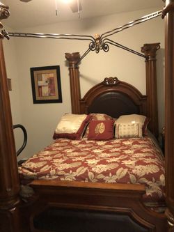Leather, Wood and Iron Queen Bed Frame