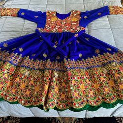 Beautiful Royal Blue, Pink And Gold Afghan Dress