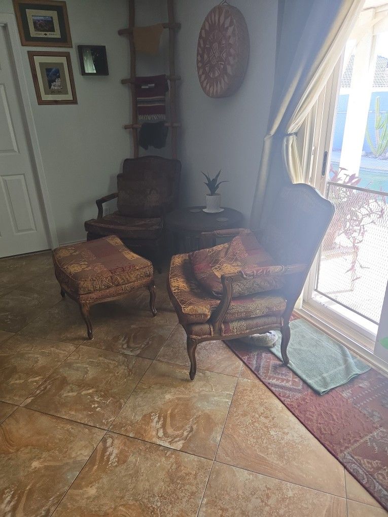 2 Chairs And Ottoman Nice burgundy and Gold