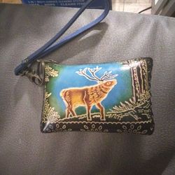 Hand-Tooled Leather Wristlet Pouch | Painted Majestic Stag Deer | Artisan Woodland Coin Purse | Rustic Boho Forest Bag