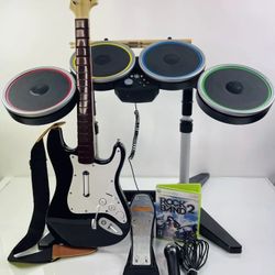 Xbox 360 Rock Band 2 Drum Set Guitar Fender Bundle Mic Game