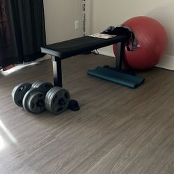 Weight Bench. (2)50LB Dumbbells and Exercise Rope and Ball