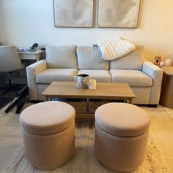 Linon Hawn Round Padded Storage Ottomans Light Wood Trim in Tan Sherpa Fabric (set of 2)