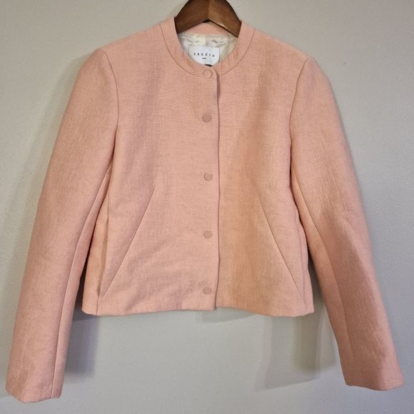 Sando Paris Coral Pink Textured Snap Button Bolero Jacket