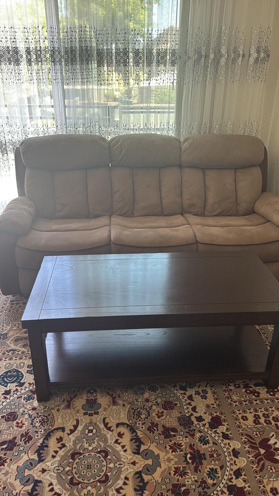 Manual Reclining Sofa Set, Classic Recliner Sofa with Overstuffed Arms and Backrest, With Coffe Table