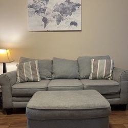 Living Room Couch Set - 3 Cushion Couch, Footrest + Decorative Pillows