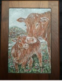 Original Oil Painting Of Mother And Baby Cow On Slate Framed In Wood. 8×12 Inches. $150