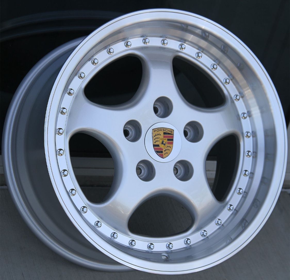 A set 4X 2075 18x8.5/18x9.5 (5X130) CB: 71.6 Silver Machined Wheels fit Porsche 911 Carrera 996 Narrow Body 1990-1989 Located in Baldwin Park SHEN20
