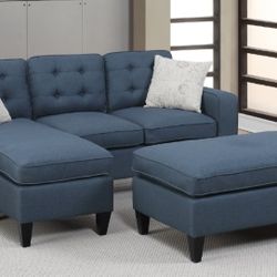 Blue Grey 3-PC Sectional With Ottoman (Sleeper)