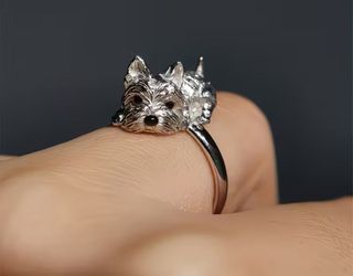 Vintage Style Yorkie Silver Tone Adjustable Ring