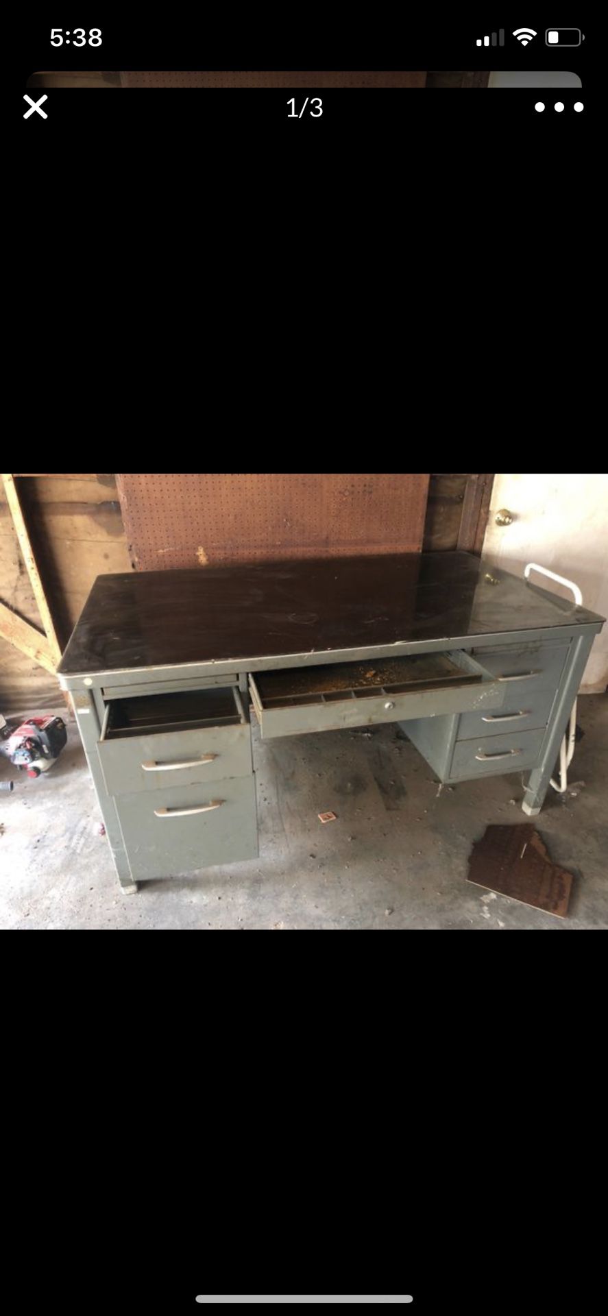 Large metal work desk with glass top