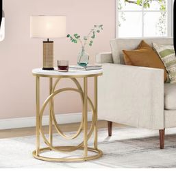 20 in. Marble White Round  End Table with Gold O-shaped Base
