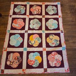 Handmade Quilt Applique Floral Patchwork Boho Cottagecore Lap Throw Baby Crib