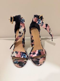 Floral Block Heel Sandals with Ankle Strap