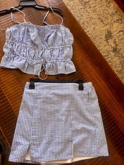 Blue Gingham Two-Piece Crop Top and Skirt Set