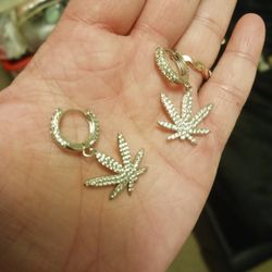 Silver & Rhinestone Weed Leaf Hoop Earrings 