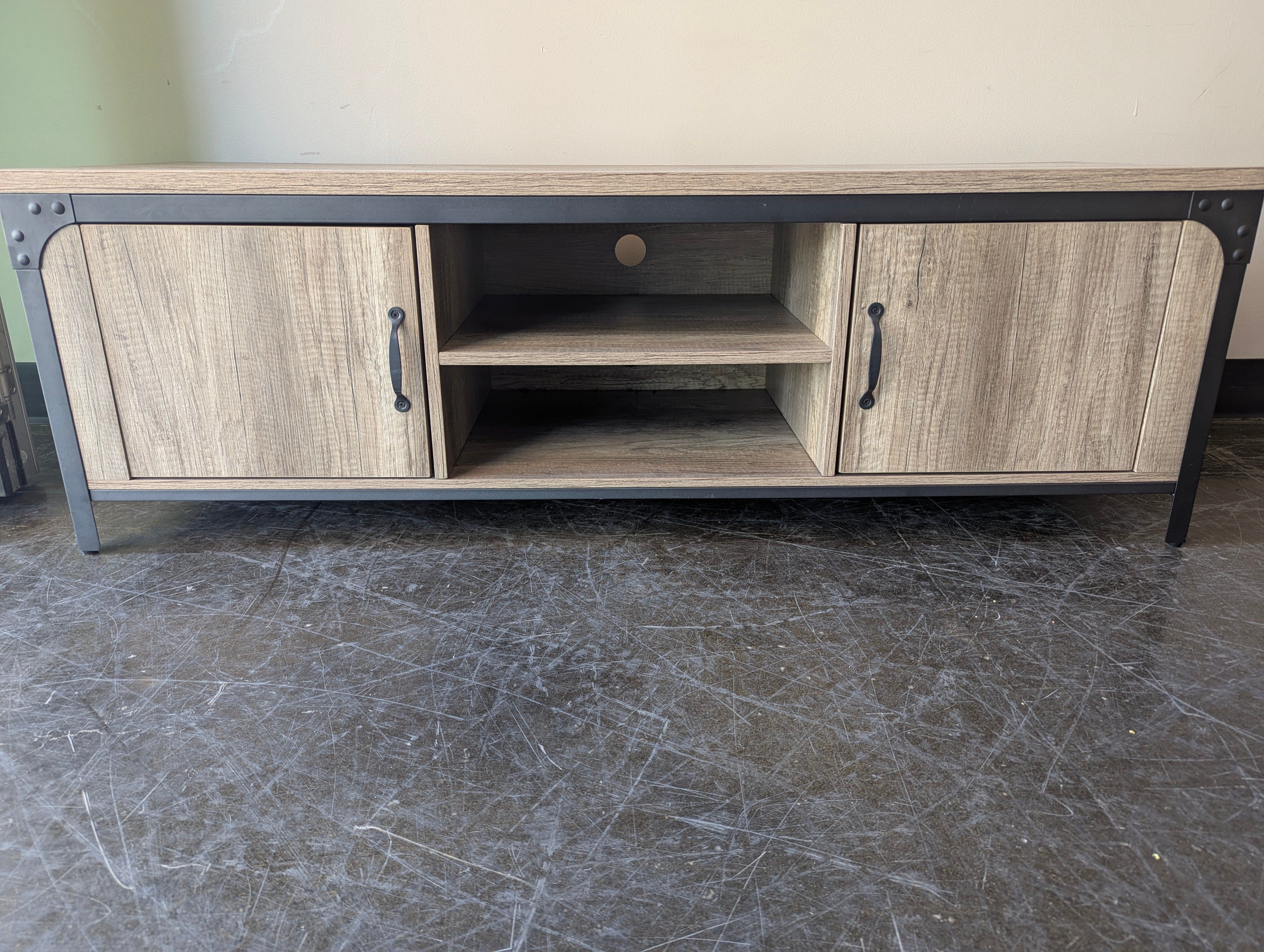Rustic Gray Wood Media Console with Black Metal Accents