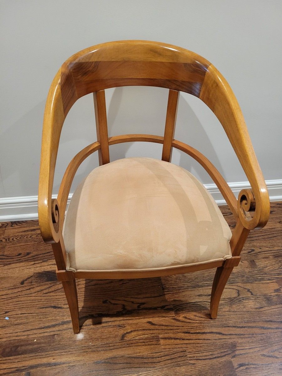 Kreiss Bent Wood Modernist Taupe Suede Covered Side Chair, Swirl Accents