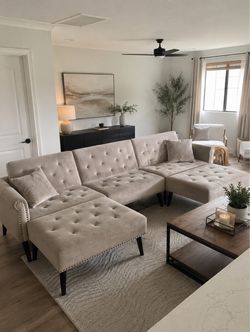 Beige Velvet Tufted Sectional Sofa with  Chaise