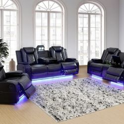 Full Power Electric Black Leather Fully Reclining Couch Set 